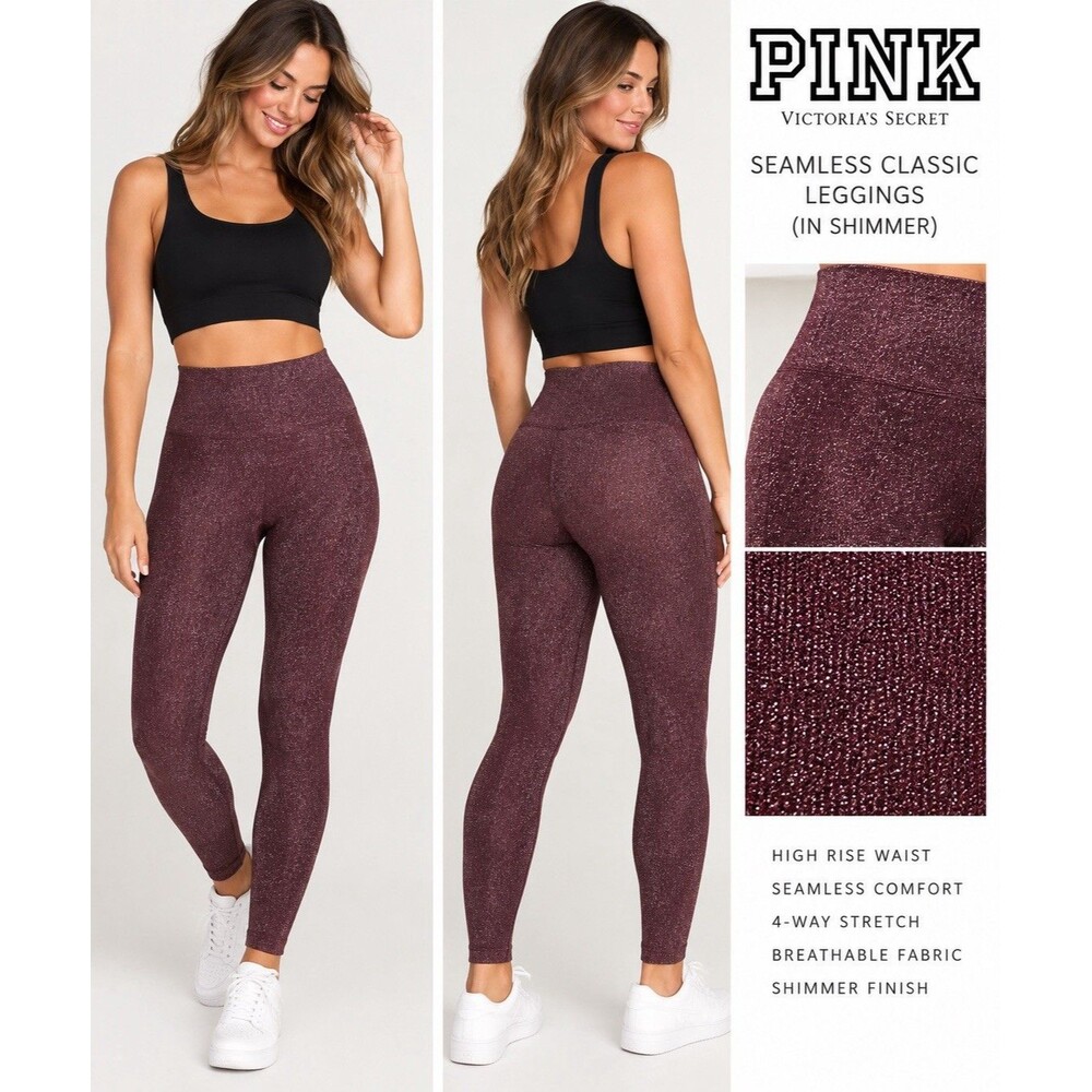 Victoria’s Secret PINK Shimmer Seamless Yoga Gym Leggings Women XL Burgundy NWT